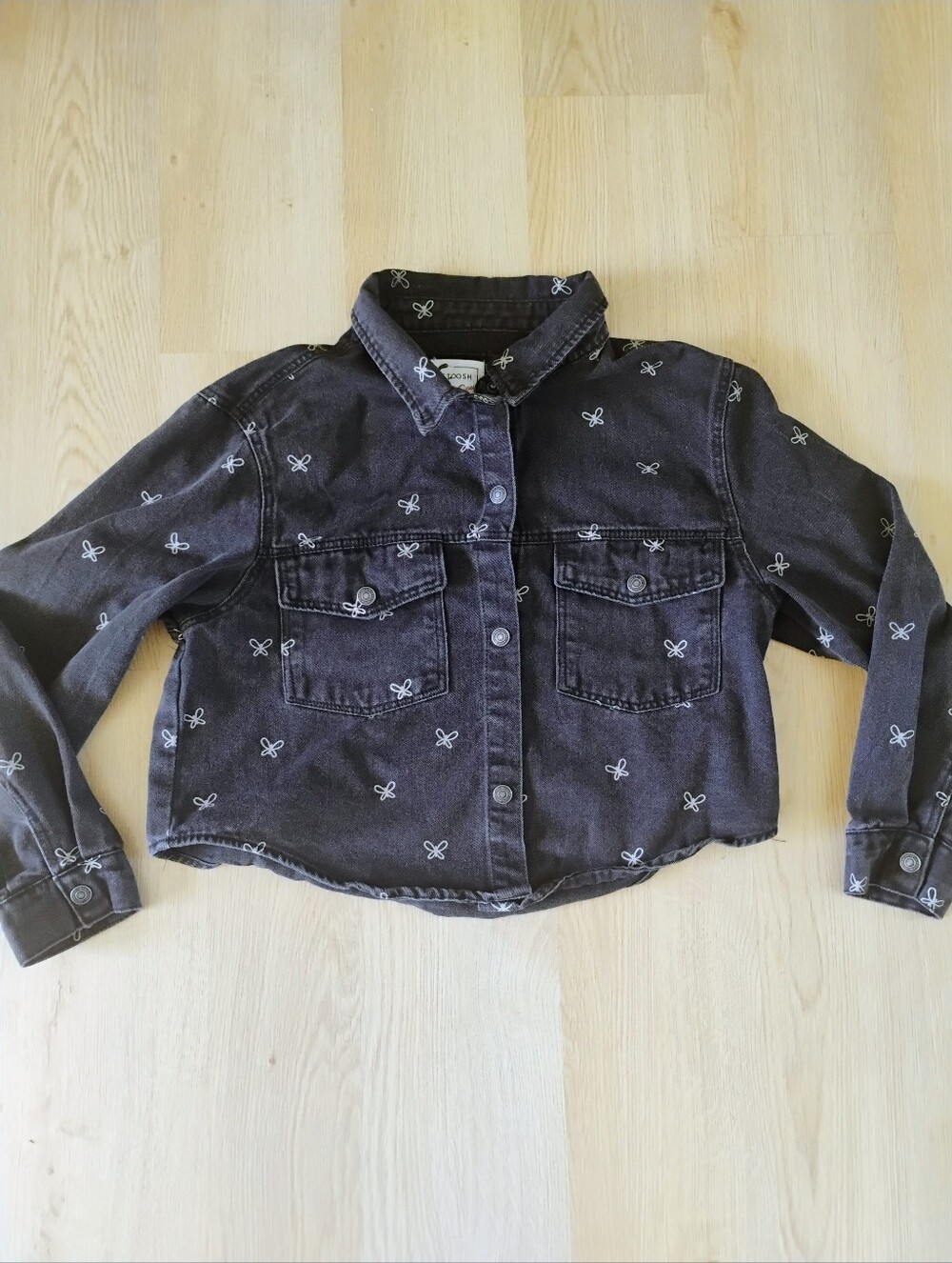 Stoosh Black Denim Jacket with White Butterfly Embroidery